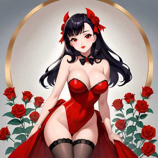 The image depicts a woman with long dark hair wearing a red dress and black stockings, standing against a backdrop of red roses. The woman is positioned centrally within the frame, facing towards the right side of the image.