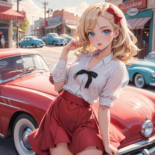 A young girl with blonde hair and blue eyes is standing next to a red car on the side of a street. She is wearing a white blouse and a red skirt, and she has her arms crossed over her chest in a relaxed pose. The background shows other cars parked along the street, as well as buildings lining the road.