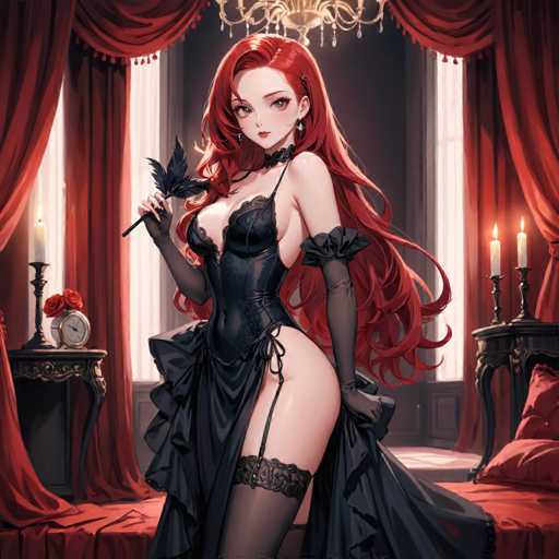 The image depicts a woman with long red hair and a black dress standing in front of a window. She is holding a feather duster and wearing a corset. The room has dark red curtains and a chandelier hanging from the ceiling. There are two clocks on the wall, one near the bottom left corner and another towards the top right corner.