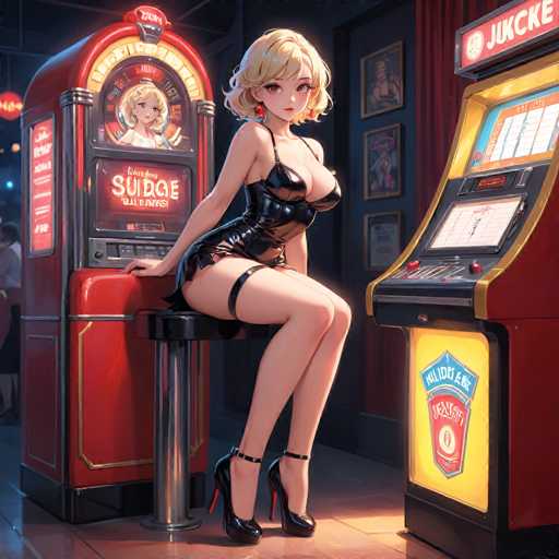 The image depicts a woman sitting on a stool next to a red slot machine with the words "Jukke" written above it and "Sudoku" below it. The woman is wearing a black dress and high heels, and there are two other people in the background who appear to be engaged in conversation or observing something outside of the frame.
The image also contains text that reads "Luminere", which could potentially be related to the slot machine's name or theme.