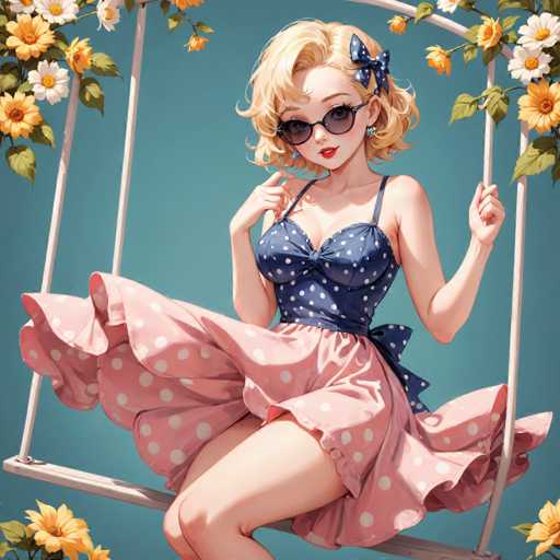 A woman with blonde hair and blue polka dot dress is shown on a swing set, wearing sunglasses and holding onto the swing's ropes for balance. The background features yellow flowers against a blue sky.