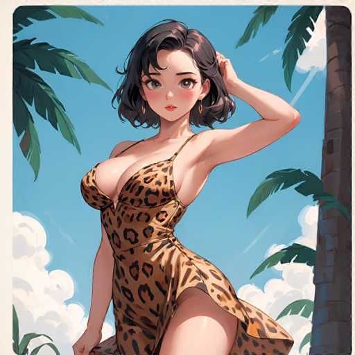 A woman with short dark hair is shown wearing a leopard print dress and holding her hand up to her head. The background features palm trees against a clear blue sky.