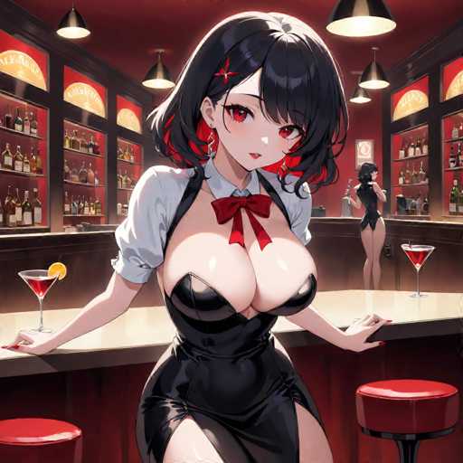 The image depicts an anime character with a black dress and red hair standing on the bar counter of a bar. The character is holding a martini glass filled with a red liquid. Behind the character, there are shelves stocked with various bottles of alcohol.