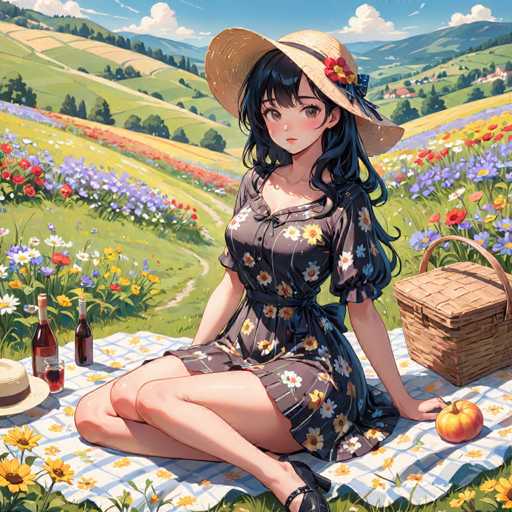 A young woman is sitting on a blanket in a field with wildflowers and trees. She is wearing a black dress with white flowers and a straw hat. There are two bottles of wine next to her on the blanket.