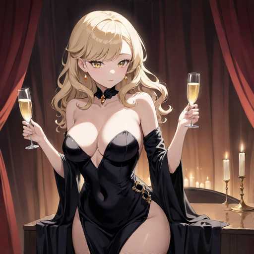 A woman with blonde hair and a black dress is shown holding two glasses filled with champagne on a table draped with a red curtain.