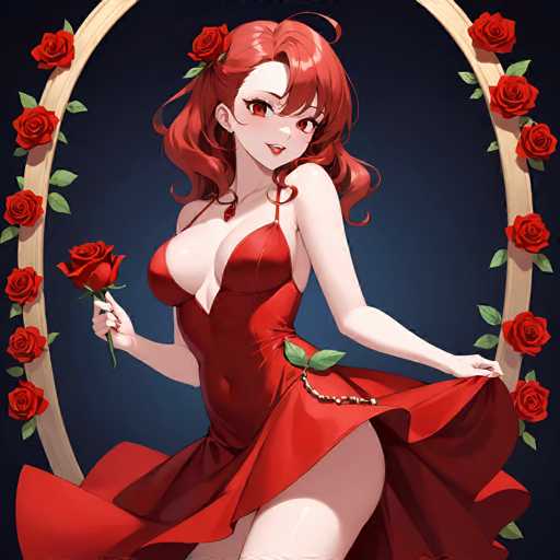 A woman with red hair and a red dress is shown holding a rose in her right hand against a dark blue background adorned with red roses.