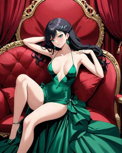 A woman with long dark hair is seated on a red velvet chair wearing a green dress and earrings. The background features a gold curtain and a painting of the same scene.