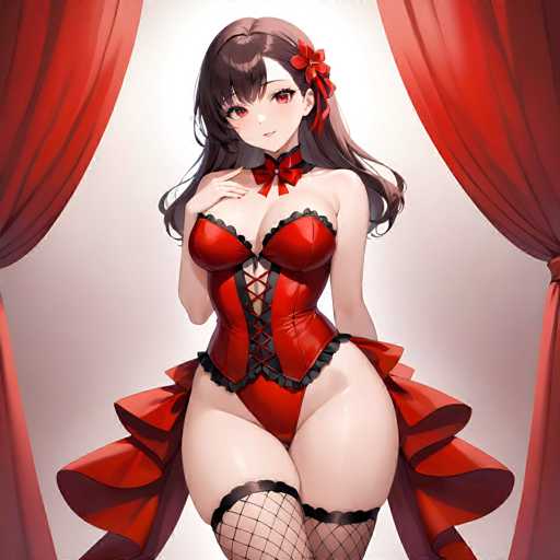 The image depicts a woman wearing a red corset and stockings with a black lace bodice and ruffled skirt. She is standing against a white curtain backdrop, which contrasts with her vibrant attire. The woman has long dark hair styled in loose waves that fall over her shoulders.