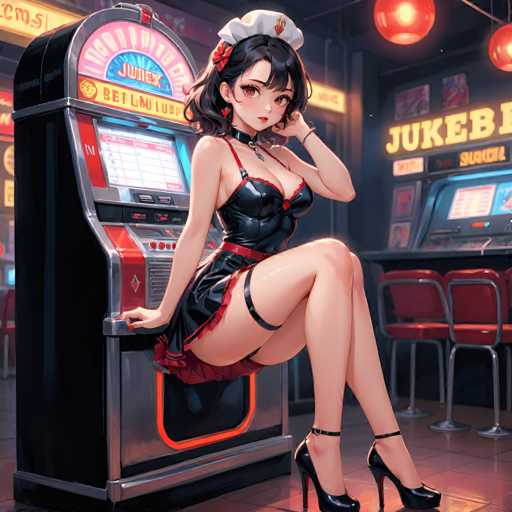 A woman is seated at a jukebox in a casino, wearing a black dress and high heels with red straps. The jukebox has a red and white sign that reads "Jukebox" above it.