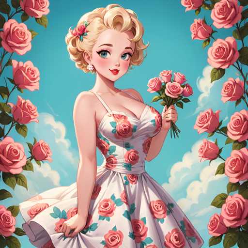 A woman with blonde hair and blue eyes is standing against a backdrop of pink roses. She is wearing a white dress adorned with green and red flowers. The roses surrounding her are in full bloom, creating a vibrant and colorful scene.