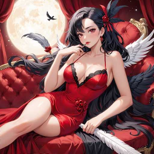 A woman with long dark hair is depicted wearing a red dress and holding a feather duster. She has her hand on her chin and is looking off to the side. The background features a large full moon and a bird in flight.