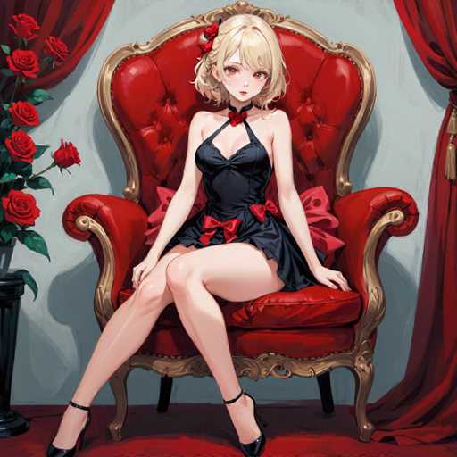 A woman with blonde hair and blue eyes is seated on a red velvet armchair adorned with gold accents. She is wearing a black dress with a bow around her neck and high heels. The room features a large window with curtains that allow natural light to enter the space. A vase of roses is placed on a table next to the window, adding a touch of elegance to the scene.