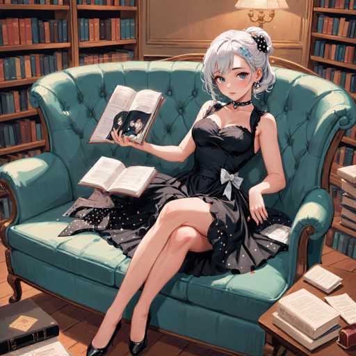 A woman is sitting on a green couch with her legs crossed and holding an open book. She is wearing a black dress with white trim and has a bow in her hair. The room around her features numerous bookshelves filled with various books of different sizes and colors.