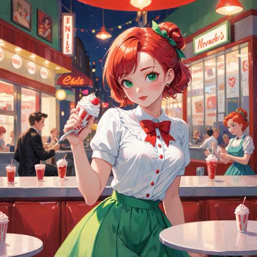 A young girl with red hair and green eyes is sitting at a table in front of a window, holding a cupcake topped with pink frosting and a cherry on top. The background shows the interior of a diner or restaurant, with other patrons seated at tables and booths visible through the windows.