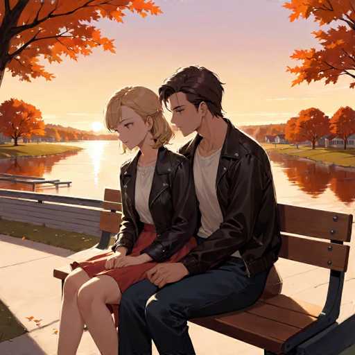 A couple sits on a bench overlooking a river at sunset. The man wears a black leather jacket and the woman is wearing a red dress.