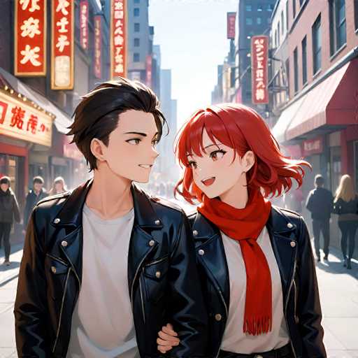 The image depicts two individuals walking down a city street lined with tall buildings and neon signs. The person on the left is wearing a black leather jacket and has short dark hair, while the individual on the right is wearing a red scarf and has long blonde hair. They are both smiling as they walk together in front of a store named "Kodama".