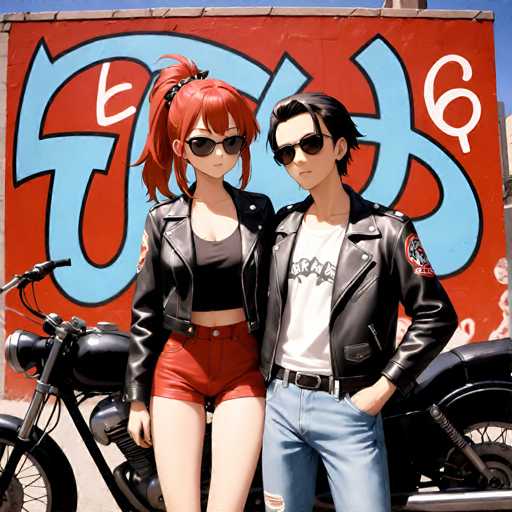 The image shows two individuals standing next to a motorcycle. The person on the left is wearing a black leather jacket and red shorts, while the person on the right is wearing a white t-shirt and blue jeans. They are both looking directly at the camera with serious expressions. Behind them, there is a large graffiti mural painted in shades of orange and blue that reads "6".