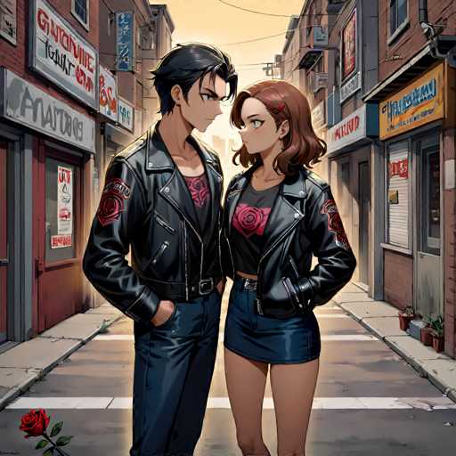 A couple is standing on a city street with tall buildings and shops behind them. The man has dark hair and is wearing a black leather jacket with red rose patches, while the woman has brown hair and is dressed in a blue dress. They are both looking at each other with smiles on their faces.