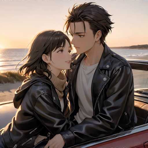 A man and woman share an intimate moment on a car seat, with the man wearing a black leather jacket and the woman dressed in a white sweater. The car is parked near a beach, and the sky above them is painted in shades of orange and pink, indicating that it's either sunset or sunrise.