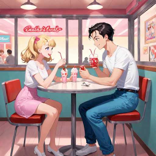 A man and woman sitting at a table with pink chairs in front of them, each holding a drink - the man has a milkshake and the woman has a soda. The background shows a neon sign for "Café du Loui", suggesting that they are in a café or diner setting.