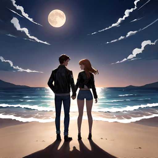 A couple is standing on a beach at sunset, with the man wearing a black leather jacket and jeans and the woman wearing a red tank top and blue shorts. The sky above them is painted in shades of orange and pink, reflecting off the water below to create a beautiful gradient effect.