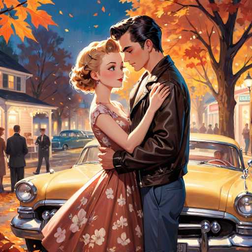 The image depicts a couple standing next to an old yellow car on the side of a street. The man is wearing a brown leather jacket and the woman has blonde hair and is dressed in a floral dress. In the background, there are other people walking along the sidewalk, adding depth to the scene.