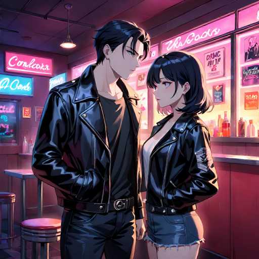 A man and woman stand together in a bar with neon signs behind them. The man is wearing a black leather jacket and the woman has on a blue denim skirt and a black top.