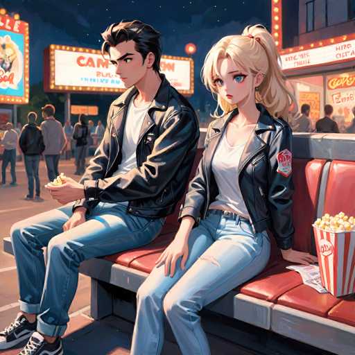 A couple sits on a red bench at a movie theater, with the man wearing a black leather jacket and jeans and the woman wearing a white shirt and blue jeans. The man is holding a bucket of popcorn while they both have their eyes closed in contentment as they watch the movie playing on the screen behind them.