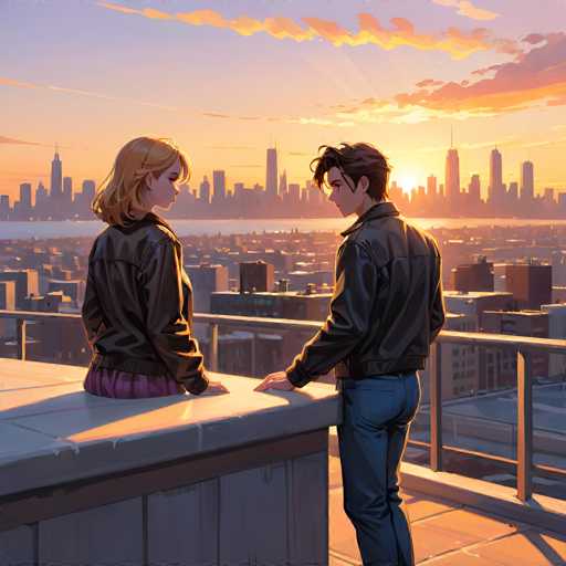 The image depicts two people standing on a rooftop at sunset over a city skyline. The person on the left is wearing a black leather jacket and has blonde hair, while the person on the right is wearing a blue denim jacket and has brown hair. They are both looking out towards the cityscape below them, which includes tall buildings of various sizes and colors against an orange sky with clouds.