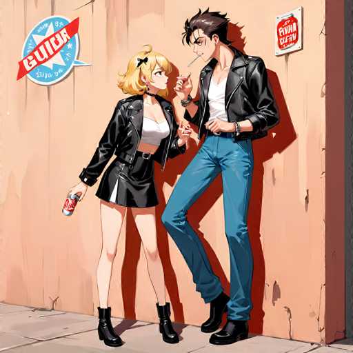 A man and a woman standing next to each other on a sidewalk with a red sign behind them that says "Punch" and a blue sign above it that says "No Smoking". The man is wearing a black leather jacket and jeans, while the woman is wearing a white tank top and skirt. They are both holding drinks in their hands.