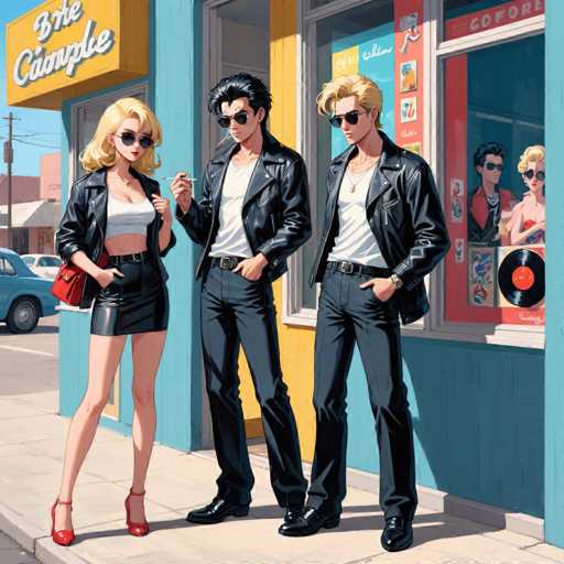 The image depicts three individuals standing on a sidewalk outside a store named "Café Couple". The person on the left is wearing a white tank top and black pants with red heels, while the individual in the middle is dressed in a black leather jacket paired with blue jeans. On the right side of the frame, there's another person who appears to be wearing sunglasses and has a red purse.