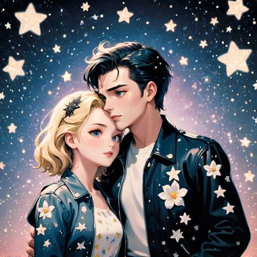 The image depicts a man and woman standing close together against a backdrop of stars. The man is wearing a black leather jacket with white flowers on it, while the woman has blonde hair and is dressed in a white dress. They are positioned centrally within the frame, creating a sense of balance between them.