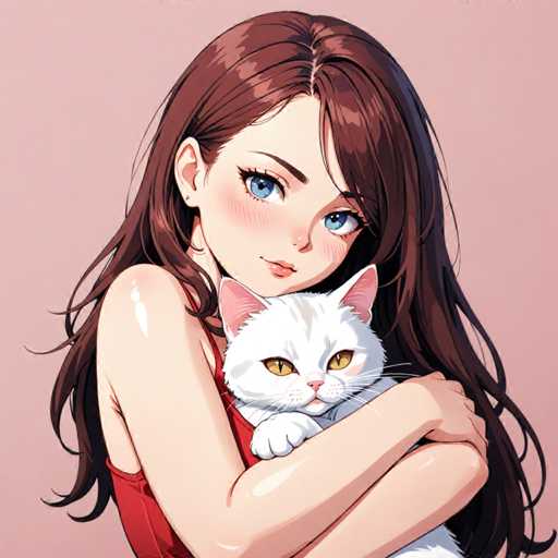 A woman with long brown hair is hugging a white cat. The cat has striking yellow eyes and is looking directly at the camera.