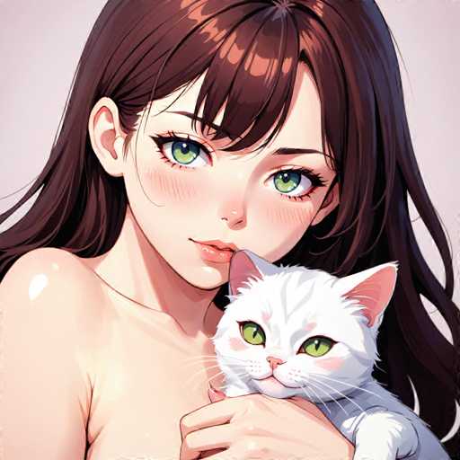 The image depicts a woman with long brown hair and green eyes holding a white cat. The woman is wearing a sleeveless top that shows her shoulders.