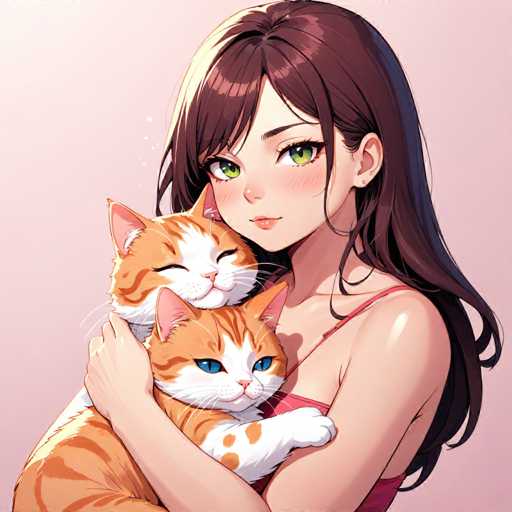 A woman with brown hair and green eyes is holding two cats - one orange and the other white. The cat on her left has a pink collar while the one on her right does not have any collar at all.