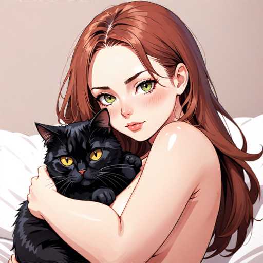 A woman with long brown hair is shown hugging a black cat. The cat has yellow eyes and appears to be looking directly at the camera.