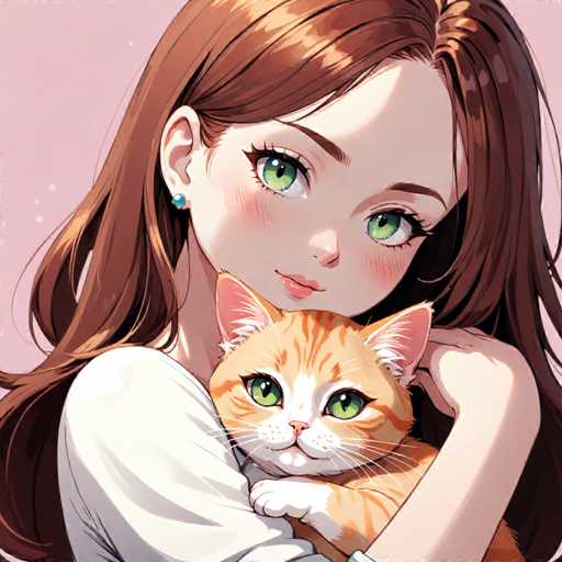 A woman with long brown hair is holding a cat that has orange and white fur and green eyes. The cat appears to be looking directly at the camera.