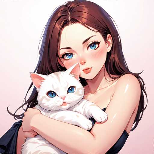 A woman with long brown hair and blue eyes is holding a white cat on her lap against a light pink background.