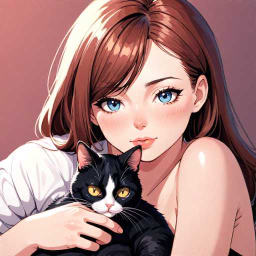 A woman with long brown hair and blue eyes is shown holding a black cat on her lap against a pink background.