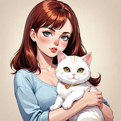 A woman with long brown hair and blue eyes is holding a white cat that has a gold collar around its neck. The background is a light beige color.