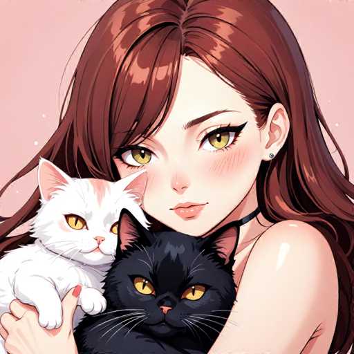 A woman with long brown hair is holding a black cat and a white cat on her lap. The background of the image is pink.