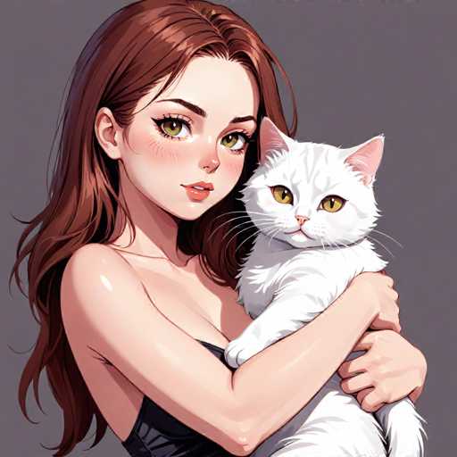 A woman with long brown hair is holding a white cat on her lap against a gray background.