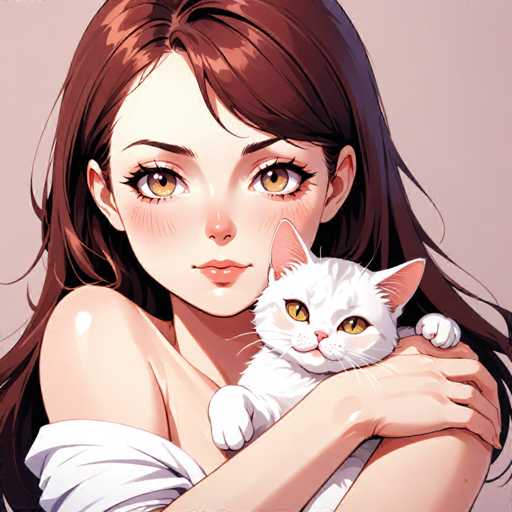 The image depicts a woman with long brown hair wearing a white dress and holding a white cat in her arms. The background is a light pink color that contrasts with the woman's dark hair.