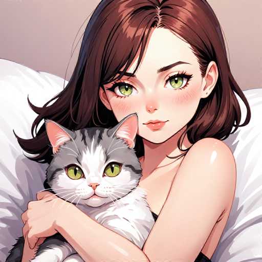 A woman with brown hair and green eyes is shown holding a white cat on her lap while sitting on a bed.