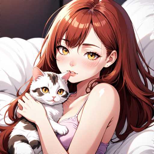 A woman with long brown hair is holding a white and black cat on her lap while sitting on a bed.