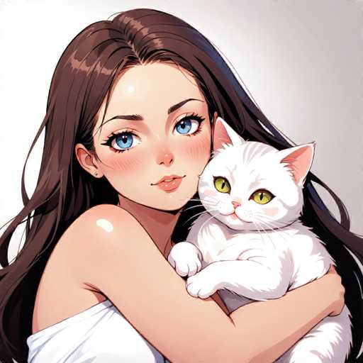 A woman with long brown hair is holding a white cat on her lap. The cat has striking green eyes and is looking directly at the camera.