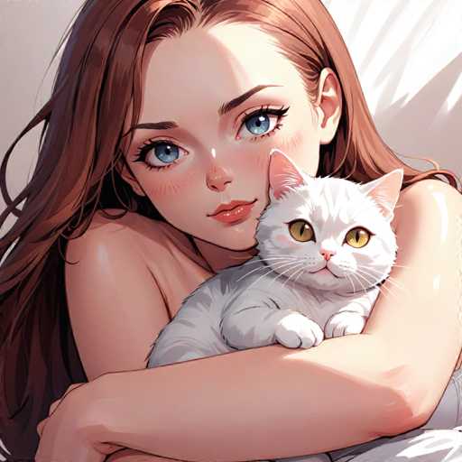 A woman with long brown hair is hugging a white cat.