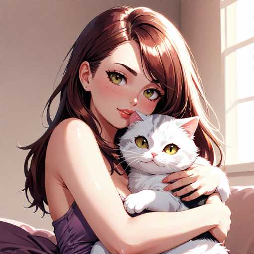 A woman with long brown hair is hugging a white cat on her lap while sitting next to a window.