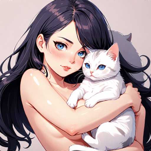 A woman with long dark hair is holding a white cat in her arms against a light gray background.