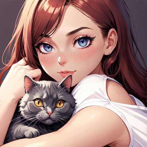 A woman with long brown hair is shown holding a gray cat on her shoulder. The cat has striking yellow eyes and appears to be looking directly at the camera.